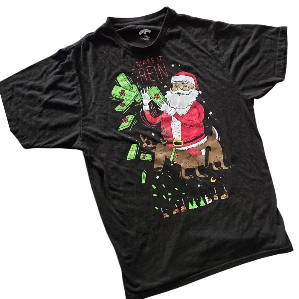 Holiday Time Mens L Make It Rein Santa Riding Reindeer Christmas Graphic T Shirt